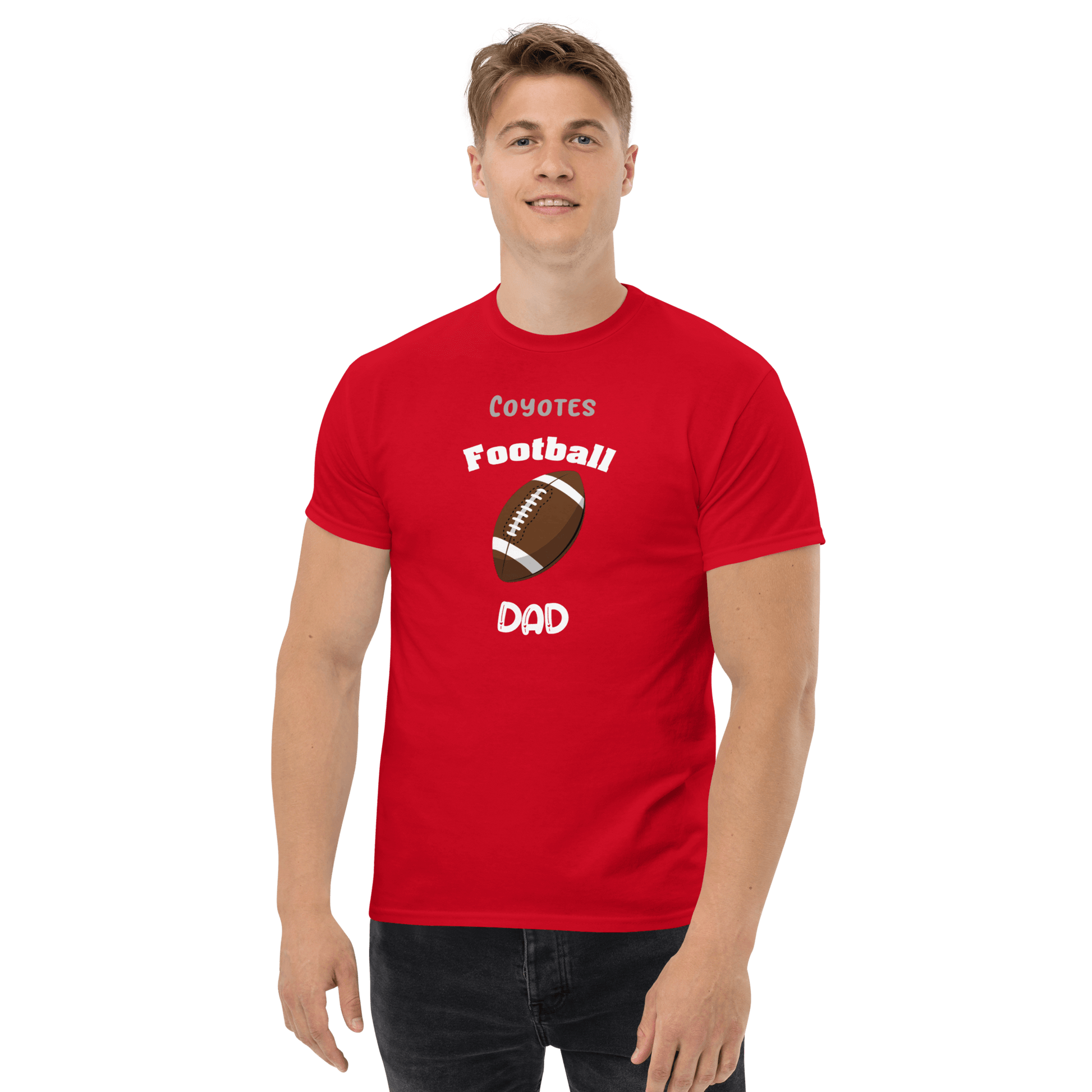 Personalized red football tee for dads, featuring 'Coyotes Football Dad' design, perfect for game day and everyday wear.