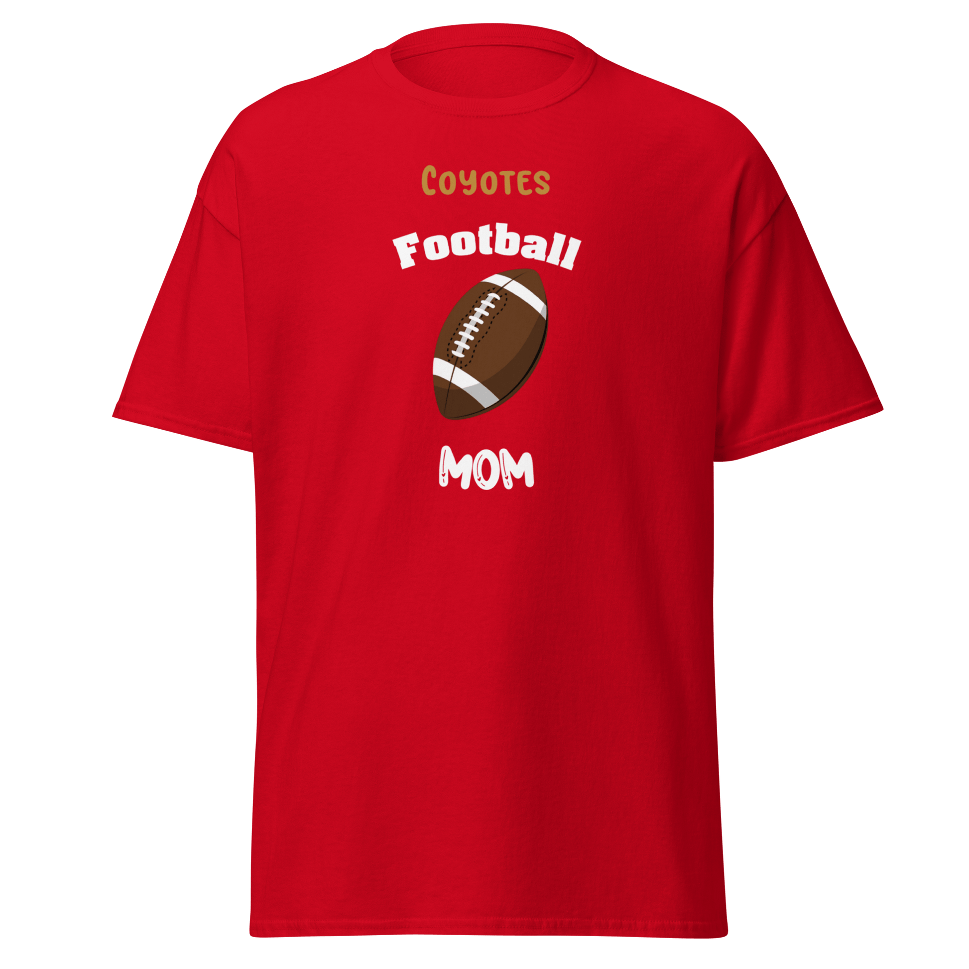 Personalized red football mom tee with Coyotes logo for proud sports parents.