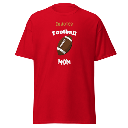 Personalized red football mom tee with Coyotes logo for proud sports parents.