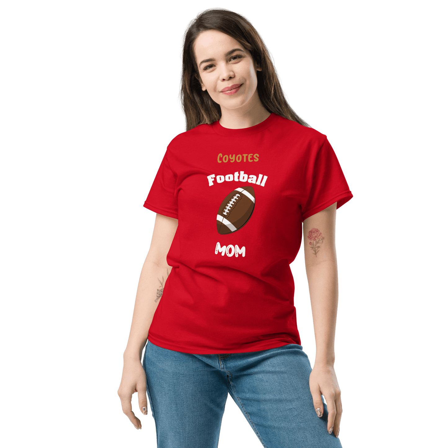 Red personalized football mom tee shirt featuring a graphic football design for proud supporters.