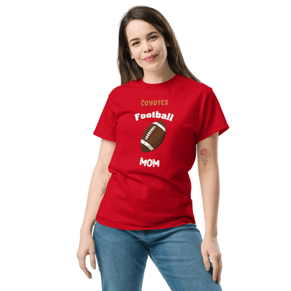 Red personalized football mom tee shirt featuring a graphic football design for proud supporters.