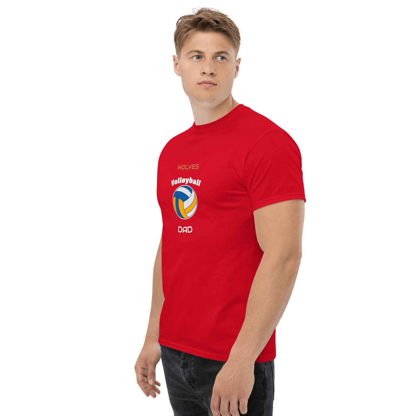 Red custom Volleyball Dad tee featuring logo, perfect for supporting games and showcasing team pride.