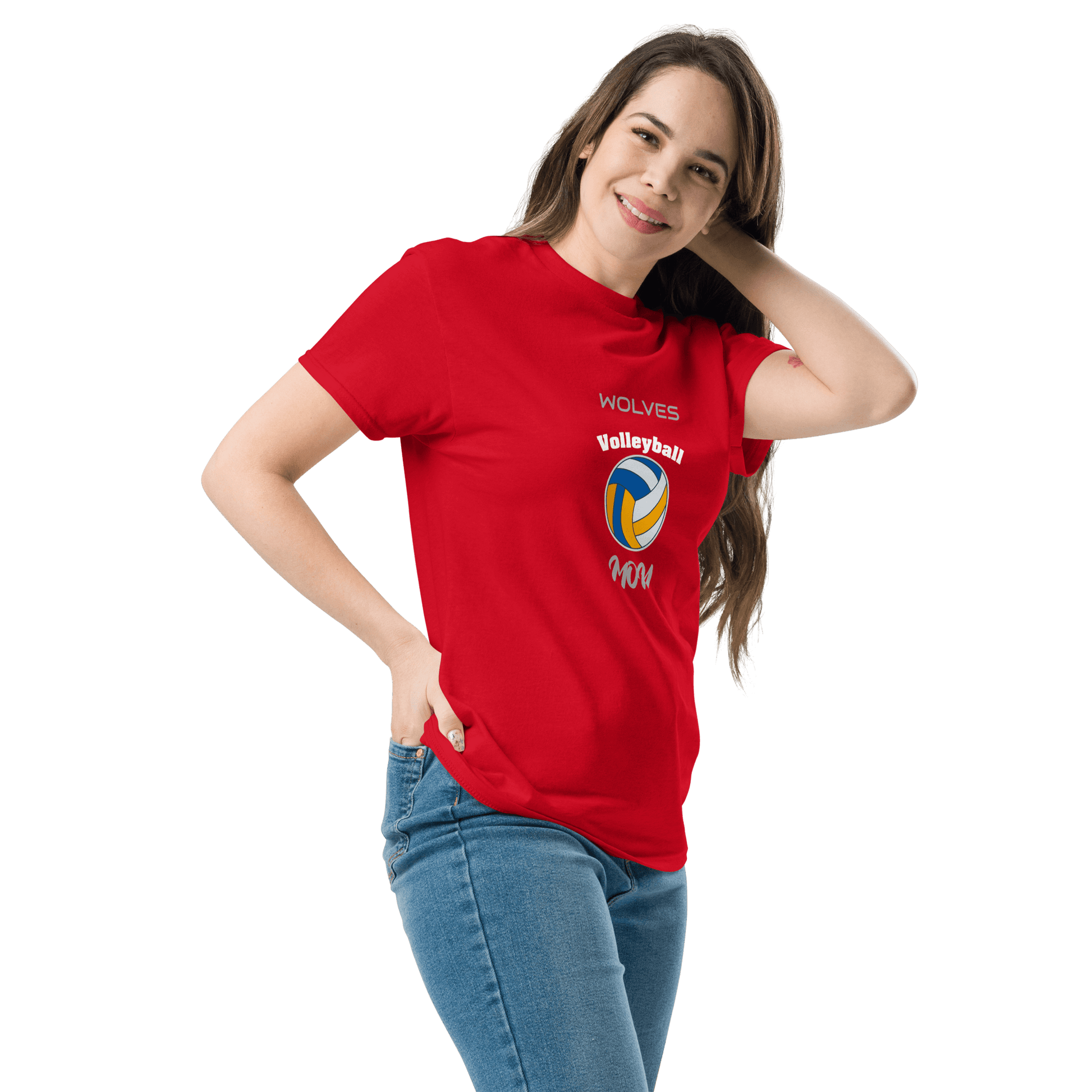 Custom red volleyball parent tee featuring 'Wolves' and a volleyball logo, perfect for game day support.
