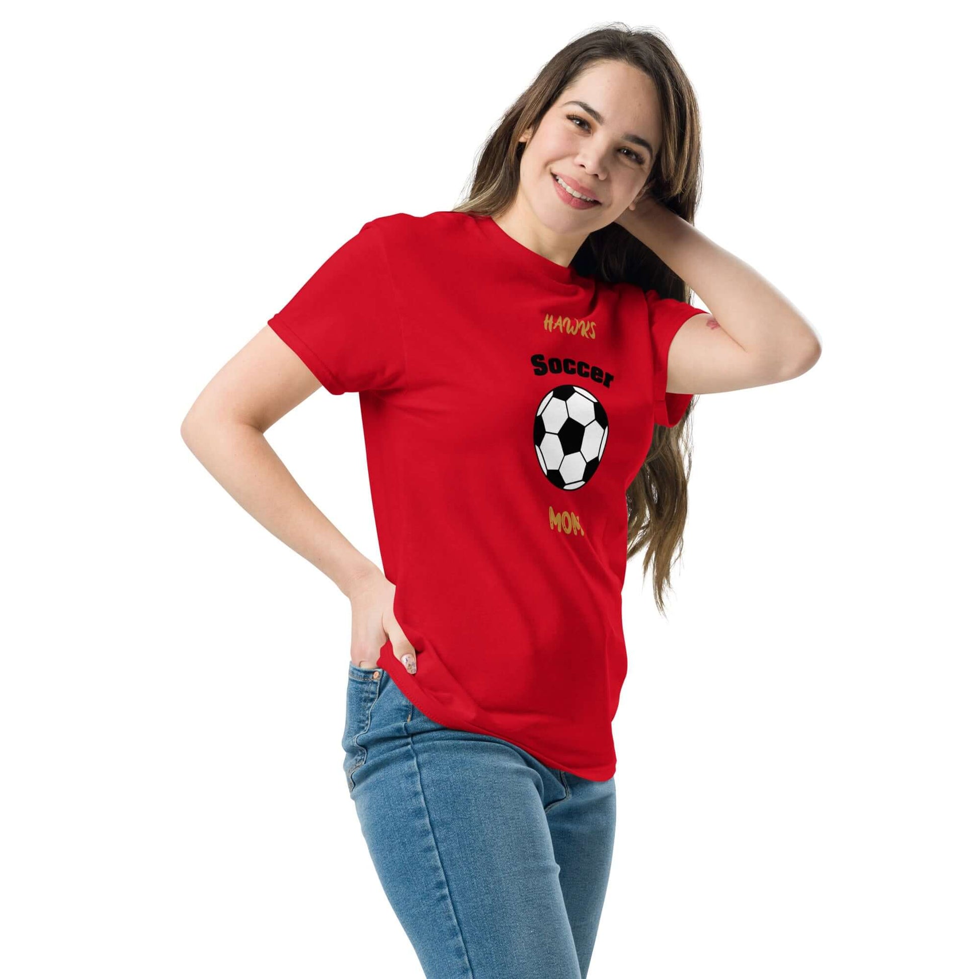 Red soccer mom tee featuring a soccer ball graphic, perfect for supporting youth and school soccer teams.