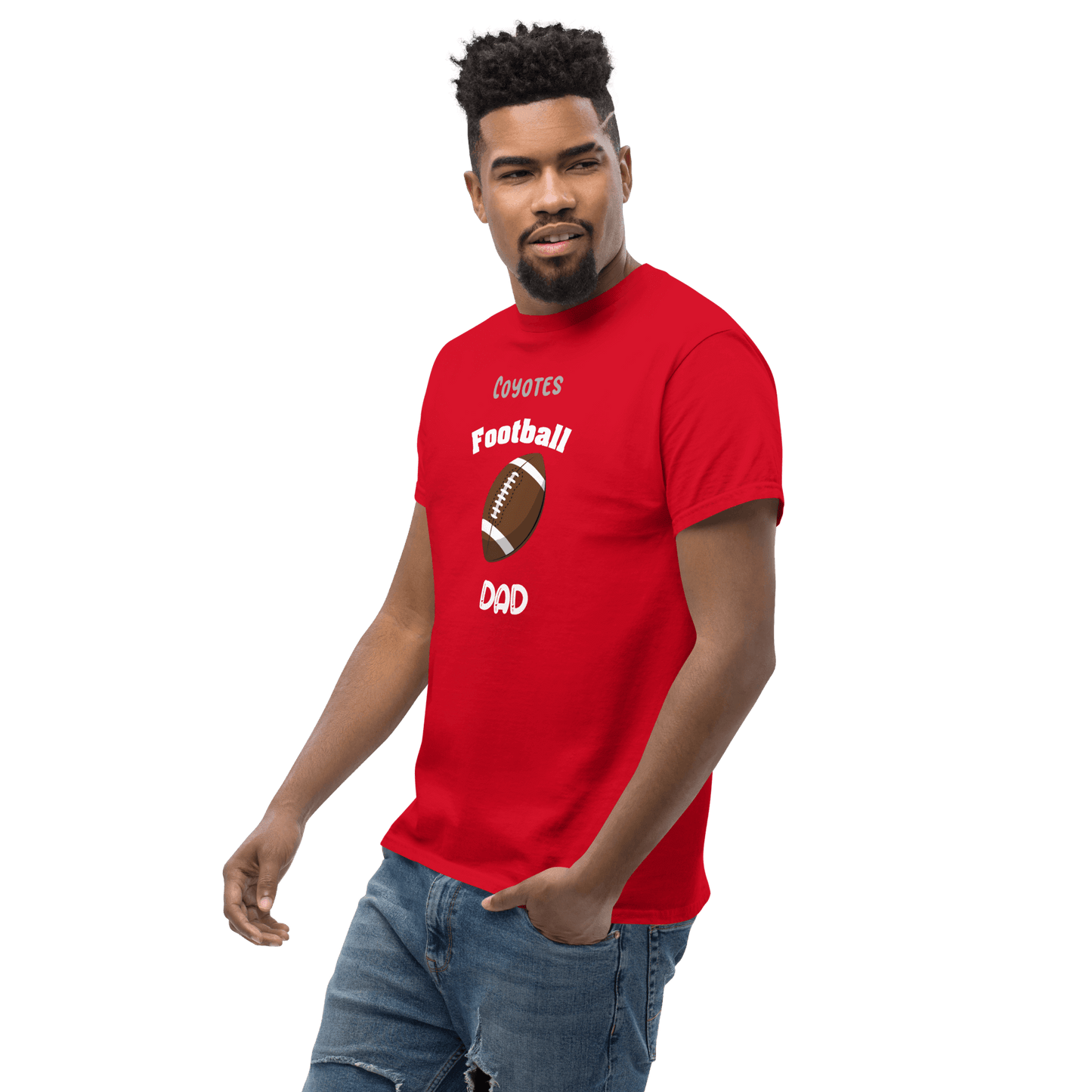 Personalized red football tee for dads featuring 'Coyotes Football' and a football graphic.