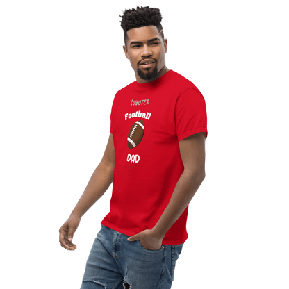 Personalized red football tee for dads featuring 'Coyotes Football' and a football graphic.