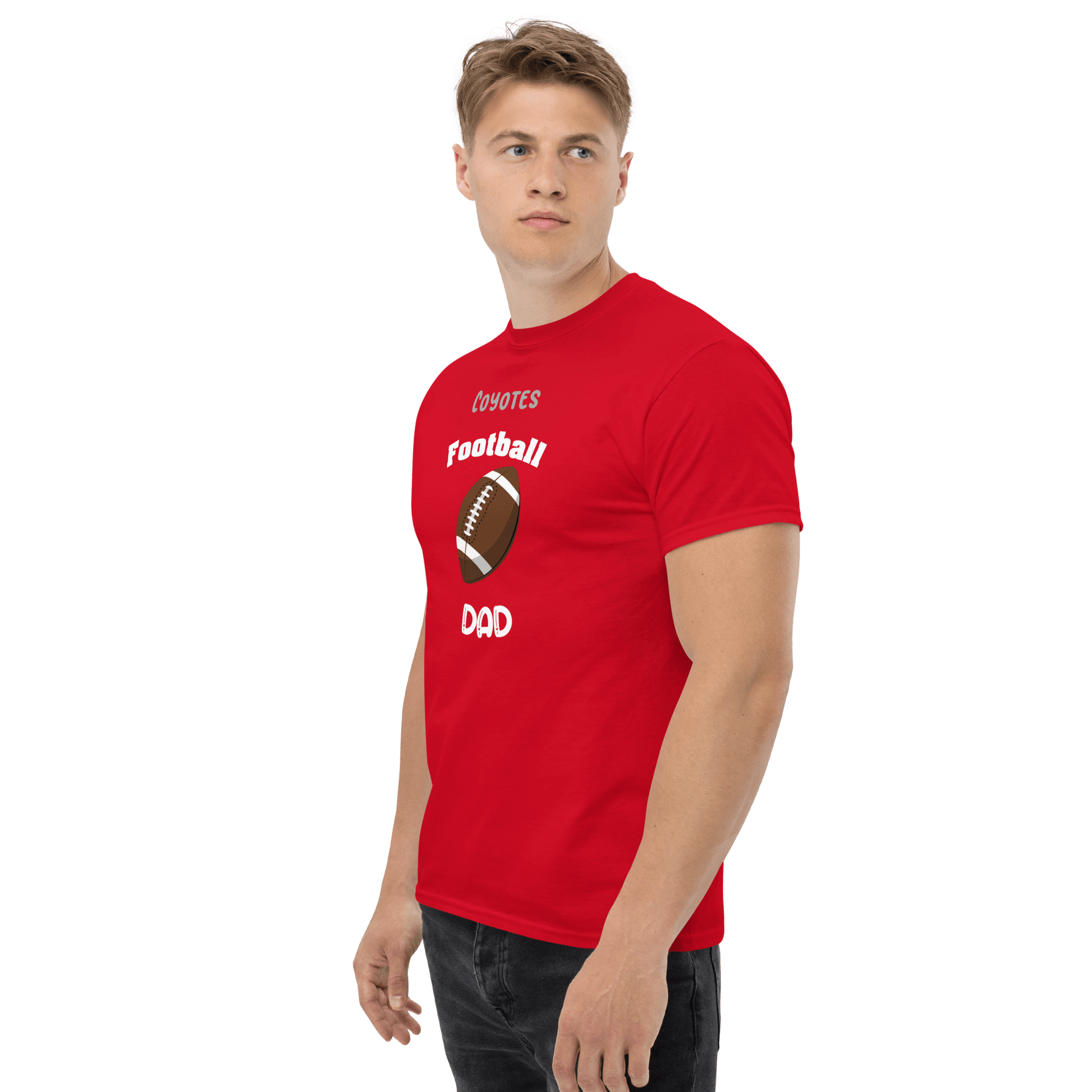 Personalized red football dad tee for sports fans, perfect for game day or casual wear.