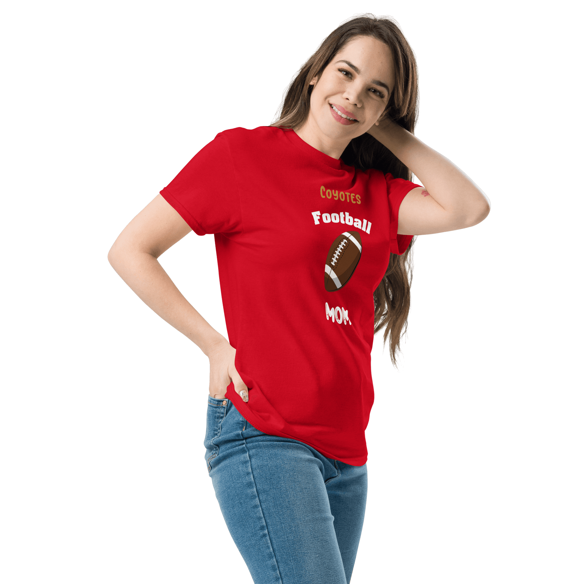 Personalized football supporter tee for moms featuring a red design with football graphics and text.