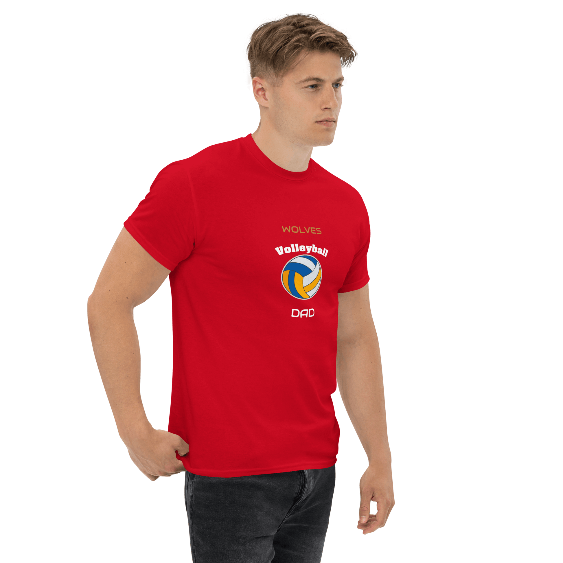 Red custom Volleyball Dad tee featuring team logo, perfect for proud parents game day support.