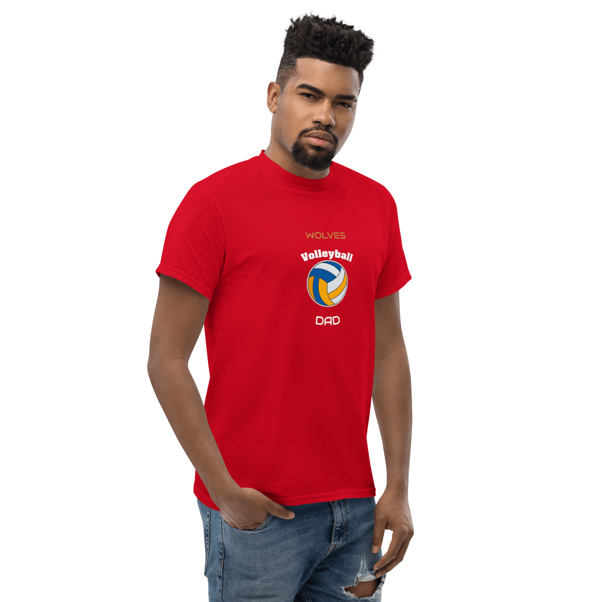 Red custom volleyball dad tee featuring Wolves logo, ideal for game day support and proud parents.