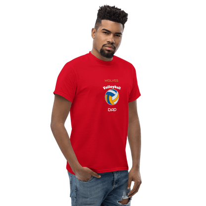 Red custom volleyball dad tee featuring Wolves logo, ideal for game day support and proud parents.