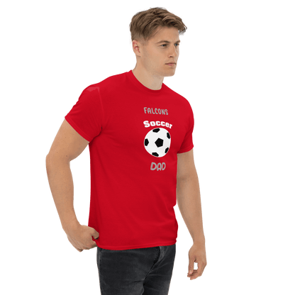 Red Soccer Dad Tee featuring a soccer ball and 'Falcons' design, perfect for passionate soccer parents.