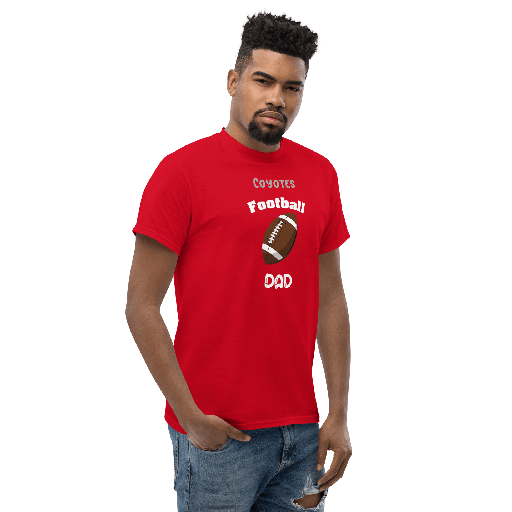 Personalized red football dad tee with Coyotes design, perfect for game day and proud supporters.
