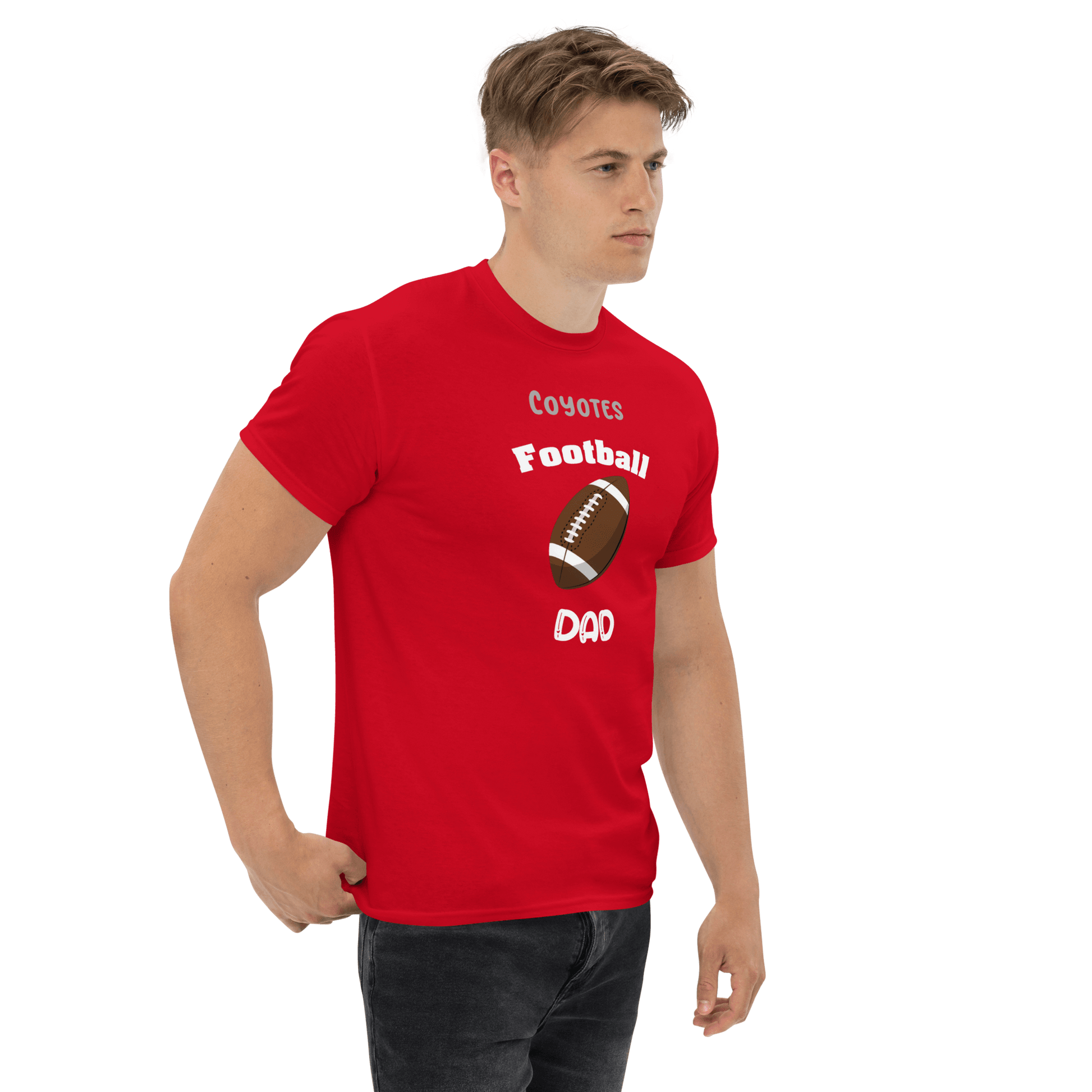 Personalized red football dad tee for Coyote fans, perfect for game day and expressing team pride.