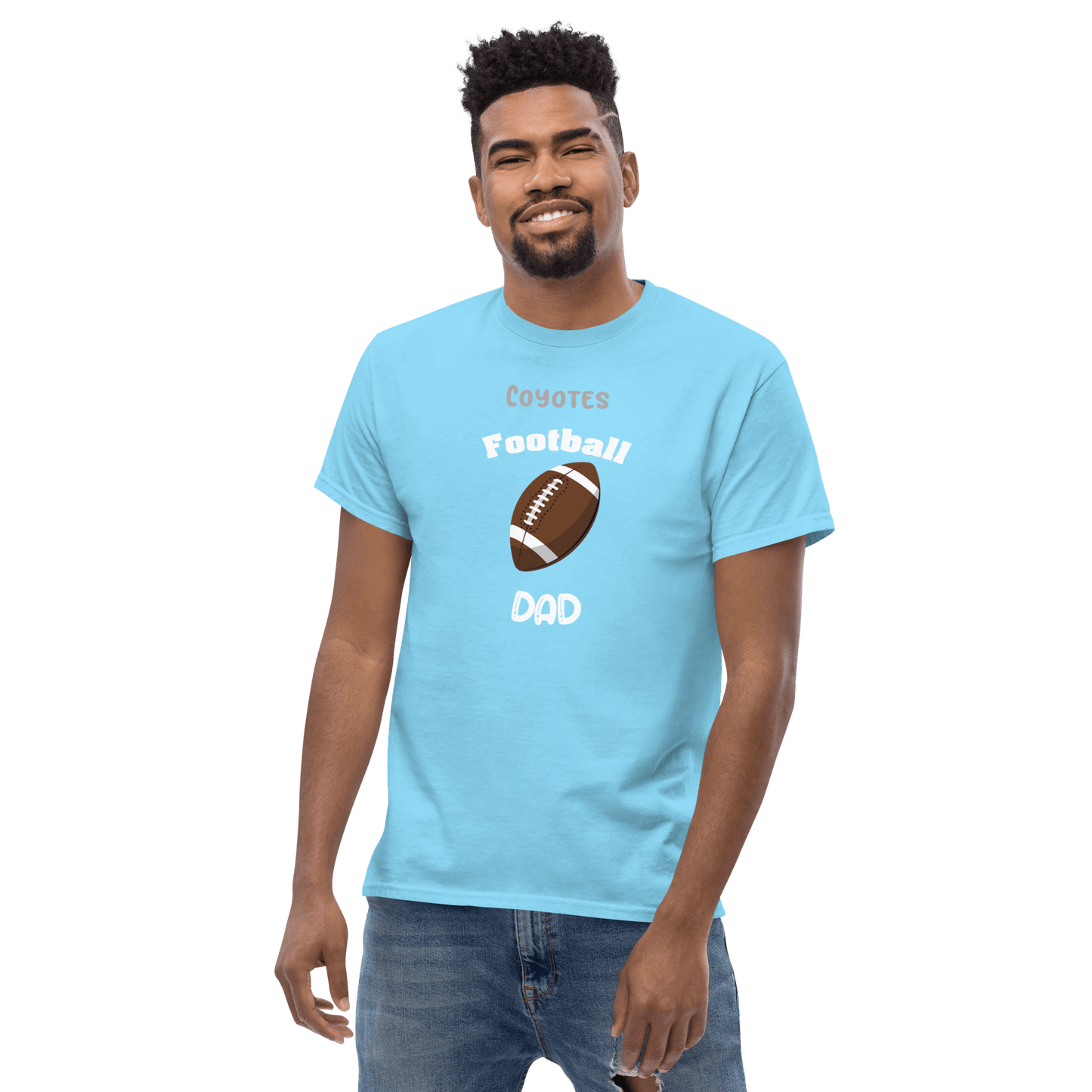 Personalized Football Dad Tee in light blue, perfect for proud fathers supporting youth sports.