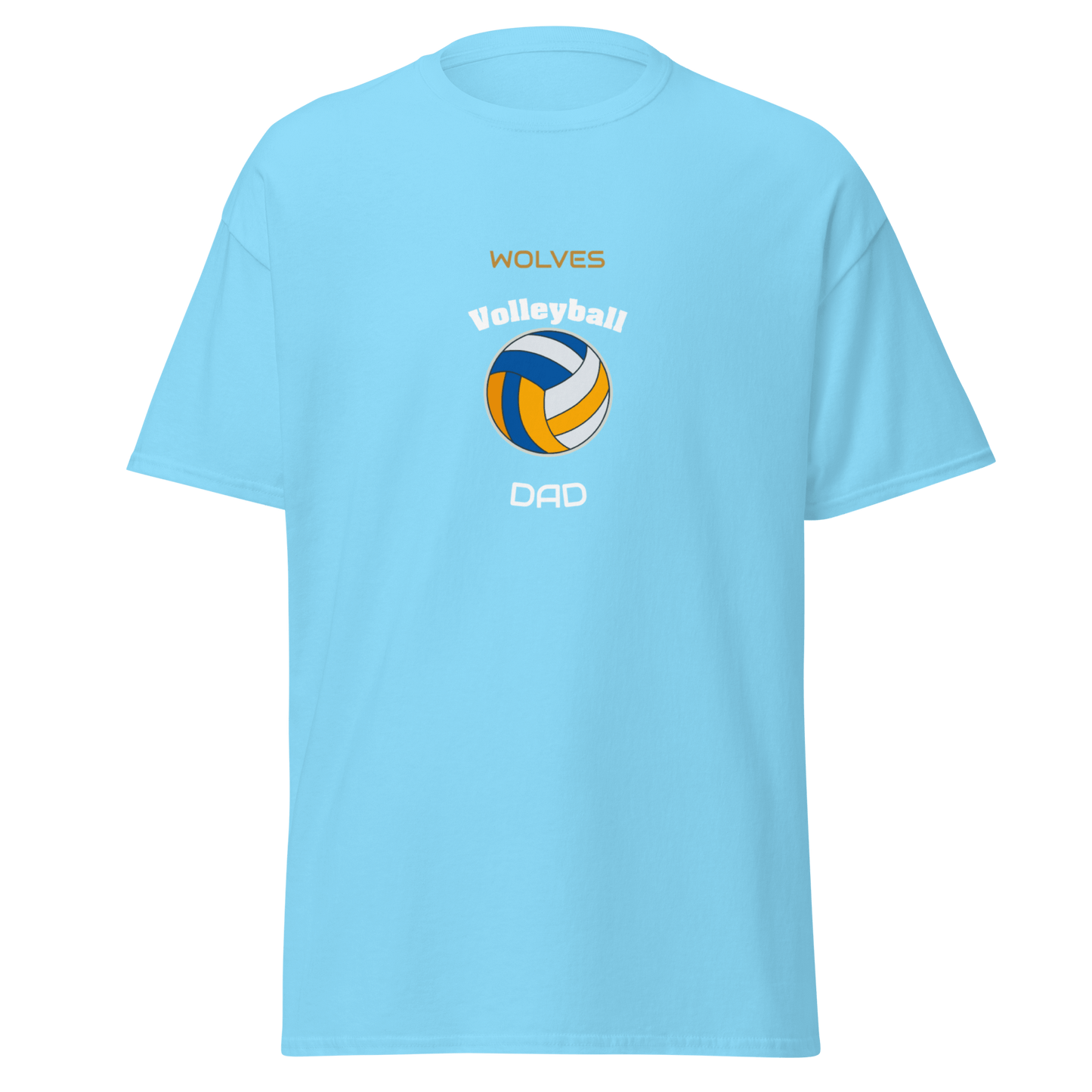 Light blue volleyball tee for dads with 'Wolves Volleyball Dad' and a volleyball graphic.