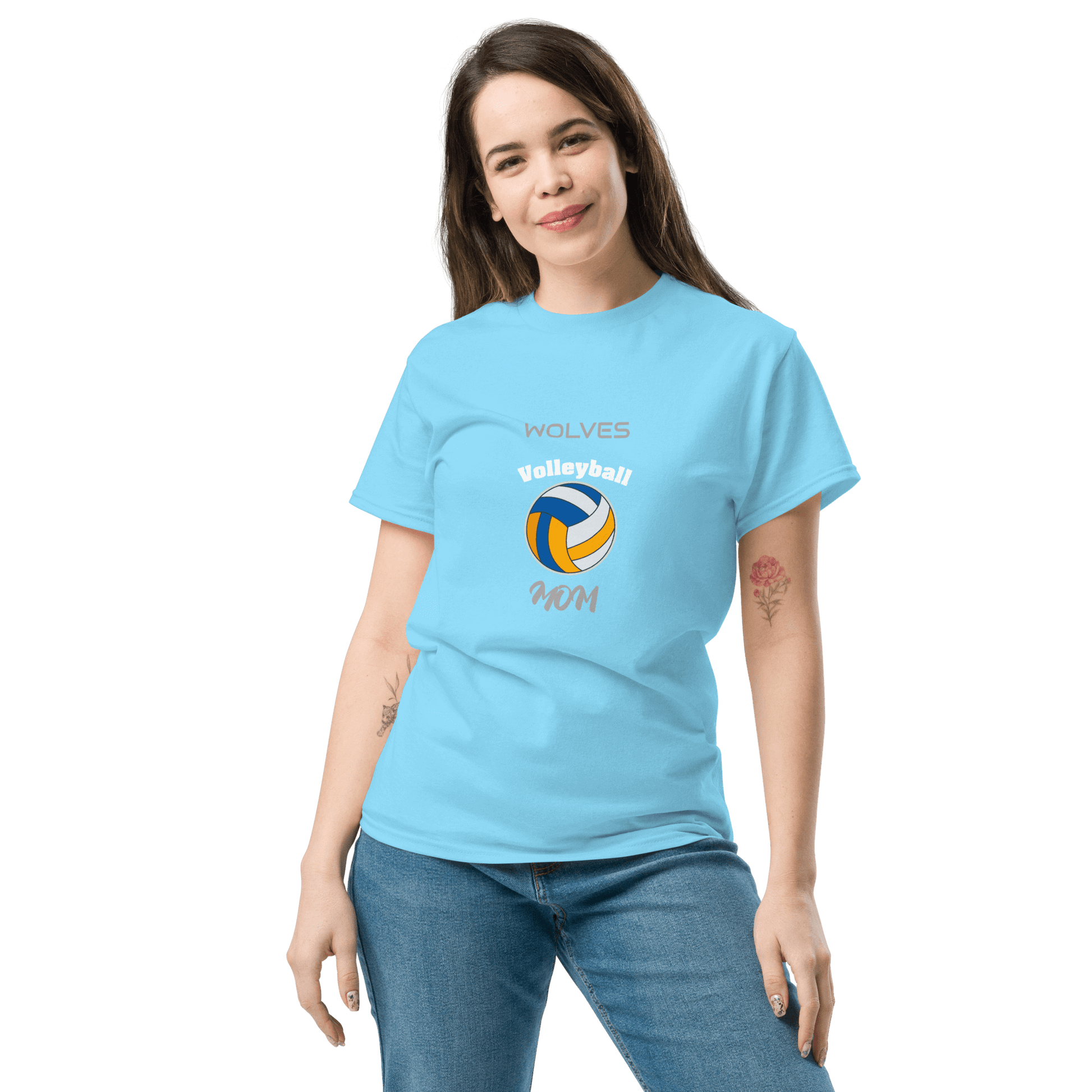 Custom volleyball parent tee in light blue, featuring 'Wolves Volleyball Mom' design for game day fans.