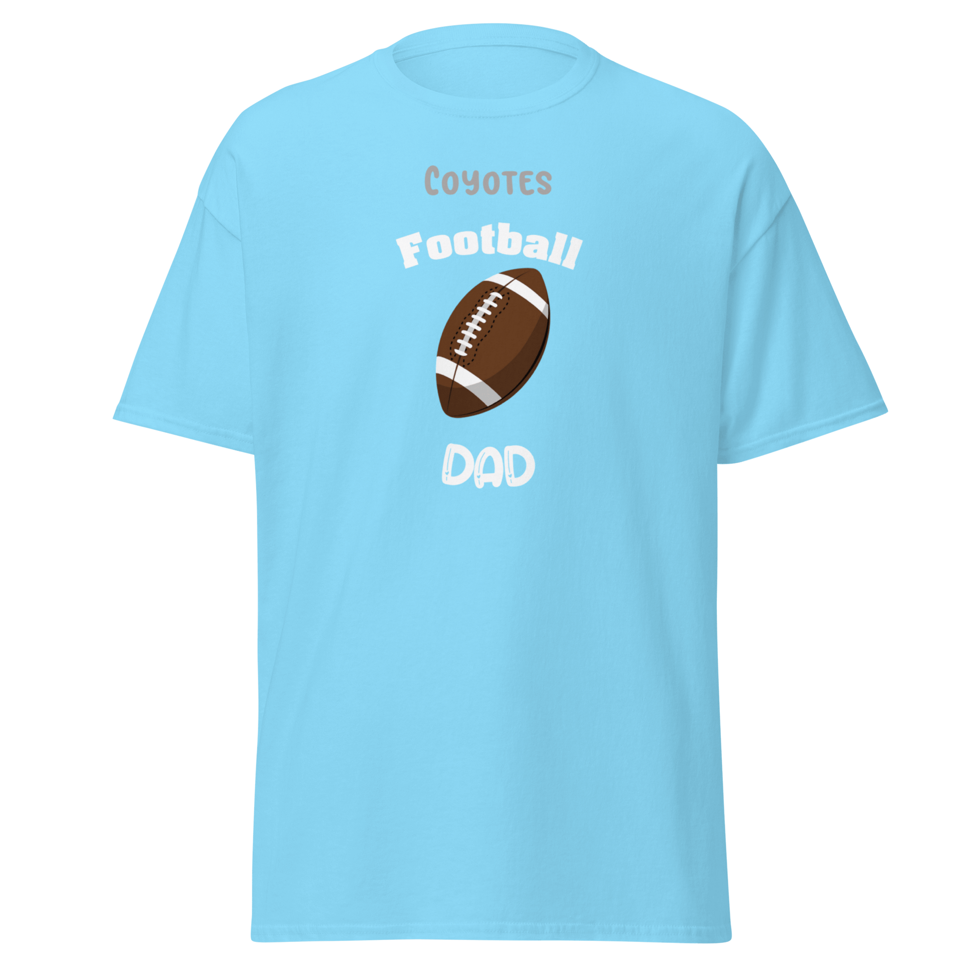 Personalized blue football tee for dads, featuring 'Coyotes Football Dad' design, perfect for game day.