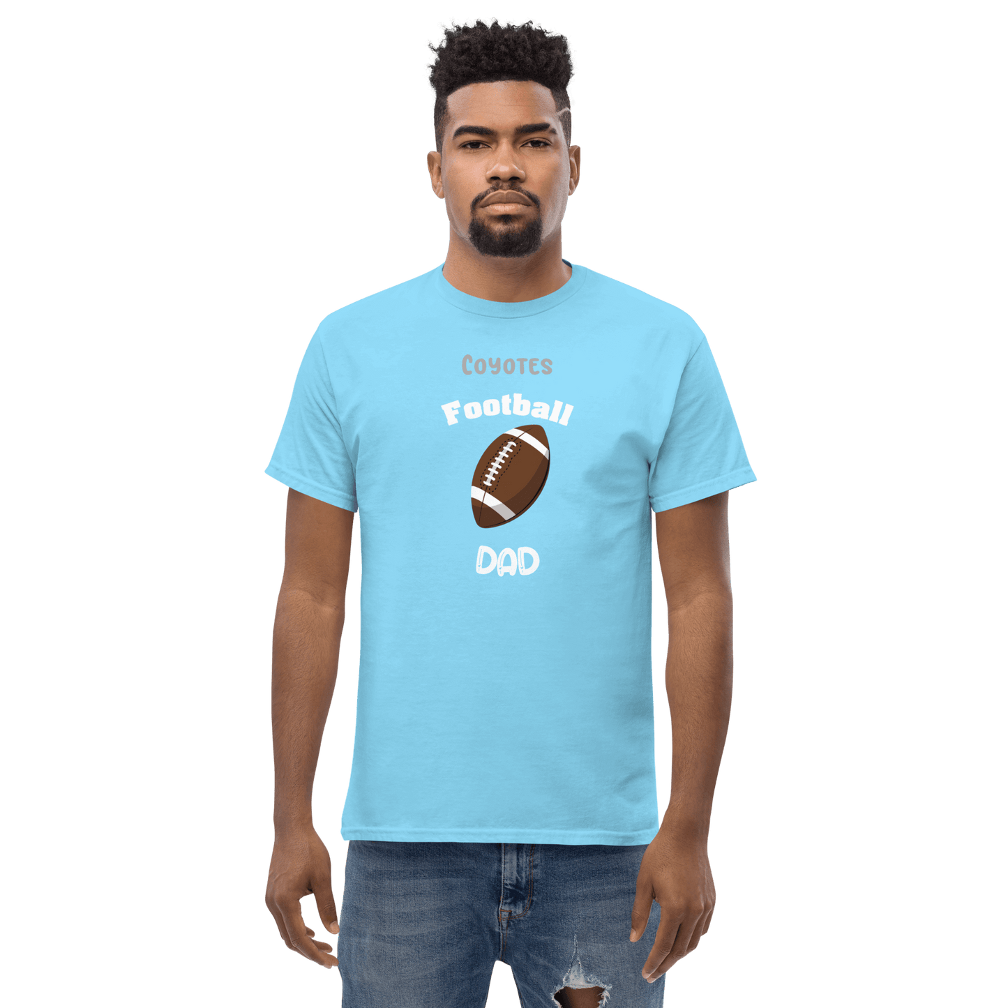 Personalized blue football dad tee featuring a brown football graphic, perfect for proud moms and dads.