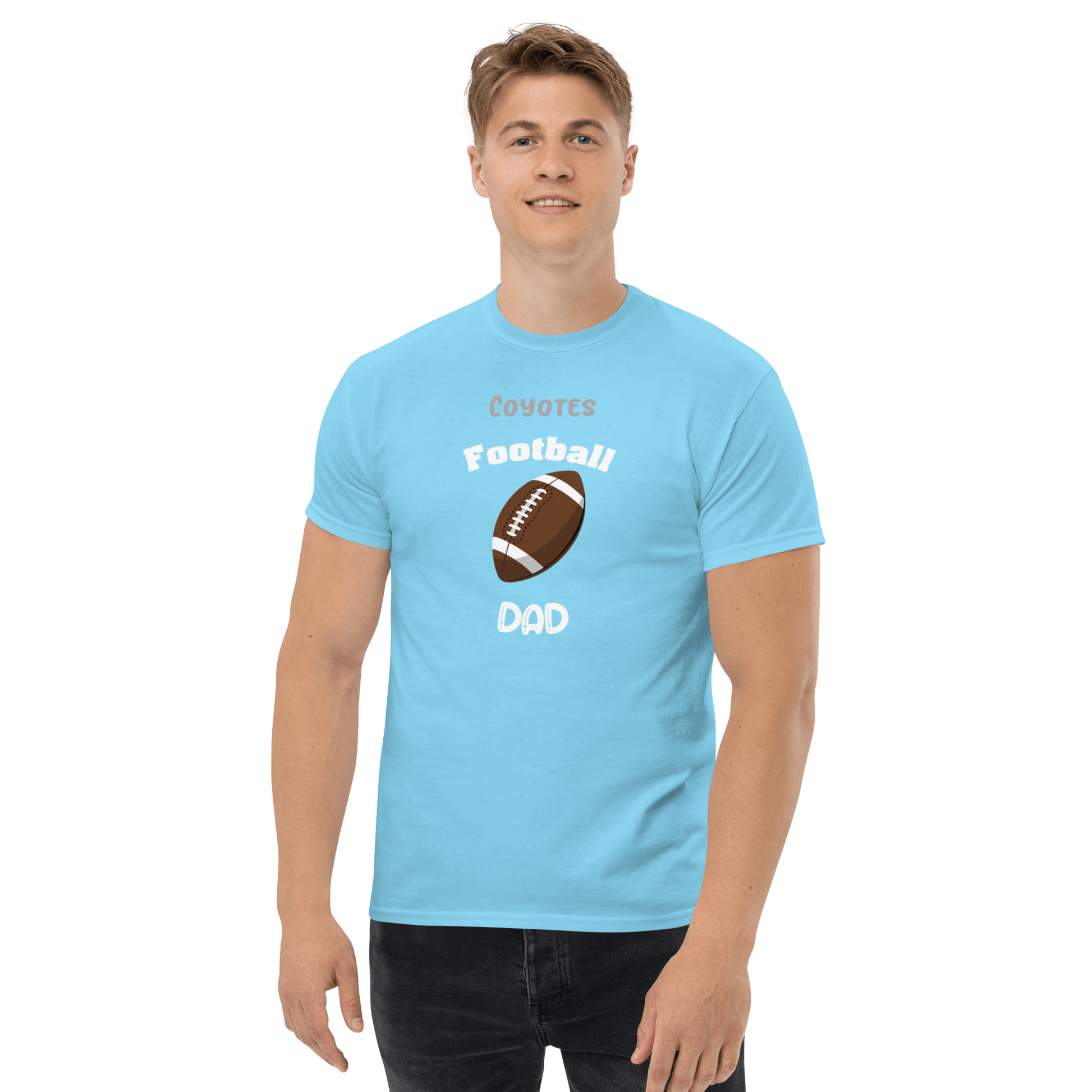 Personalized blue football supporter tee for proud dads featuring Coyotes Football design.