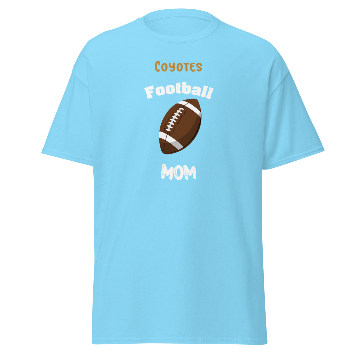 Personalized light blue football mom tee for Coyotes supporters, perfect for game day or everyday wear.