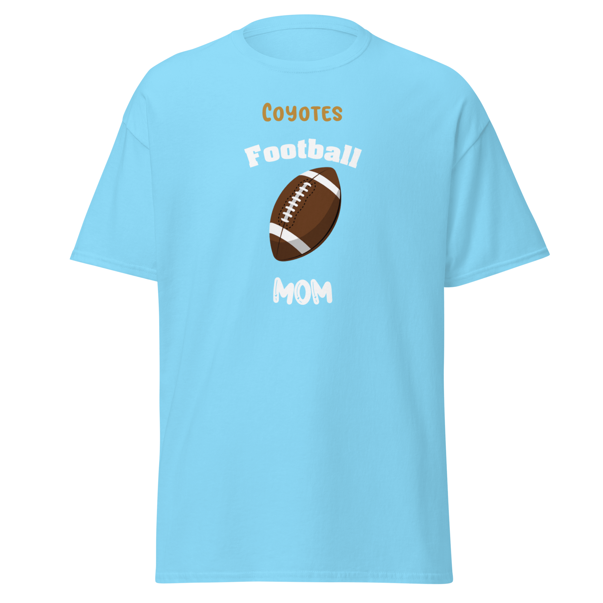 Personalized light blue football mom tee for Coyotes supporters, perfect for game day or everyday wear.