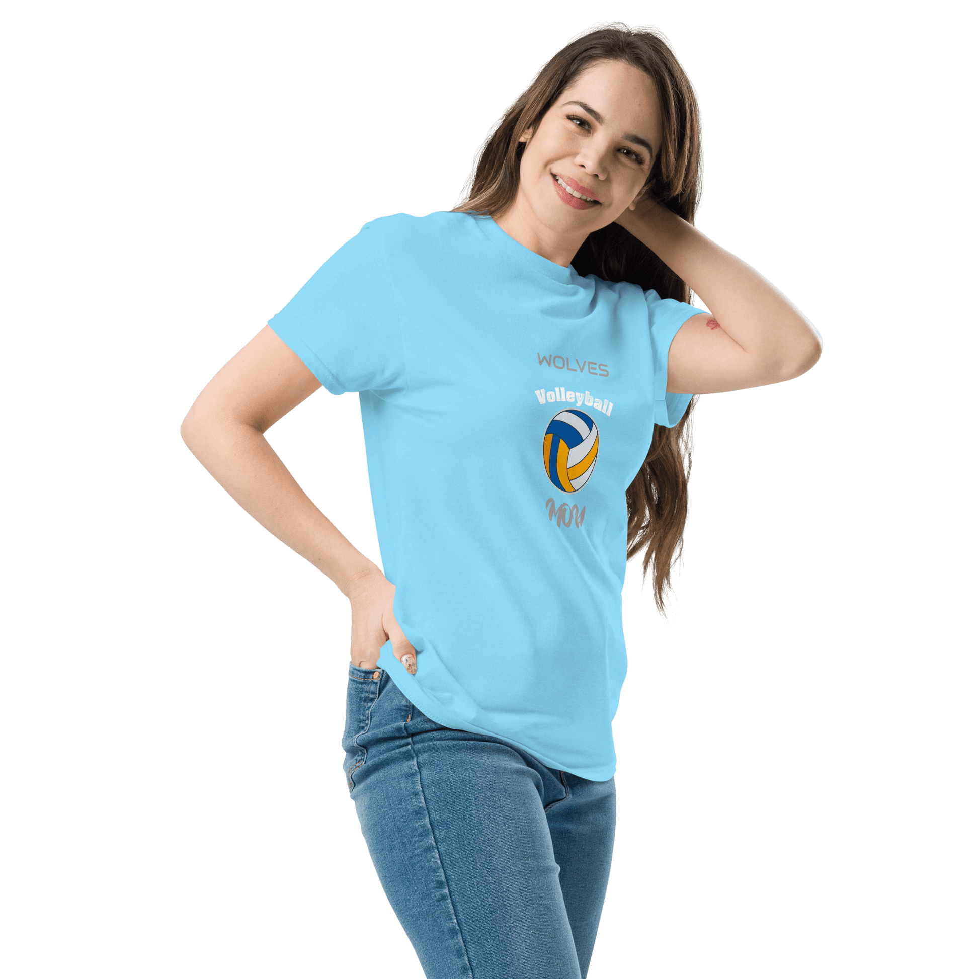 Light blue custom volleyball tee featuring 'Wolves' logo, perfect for game day support.