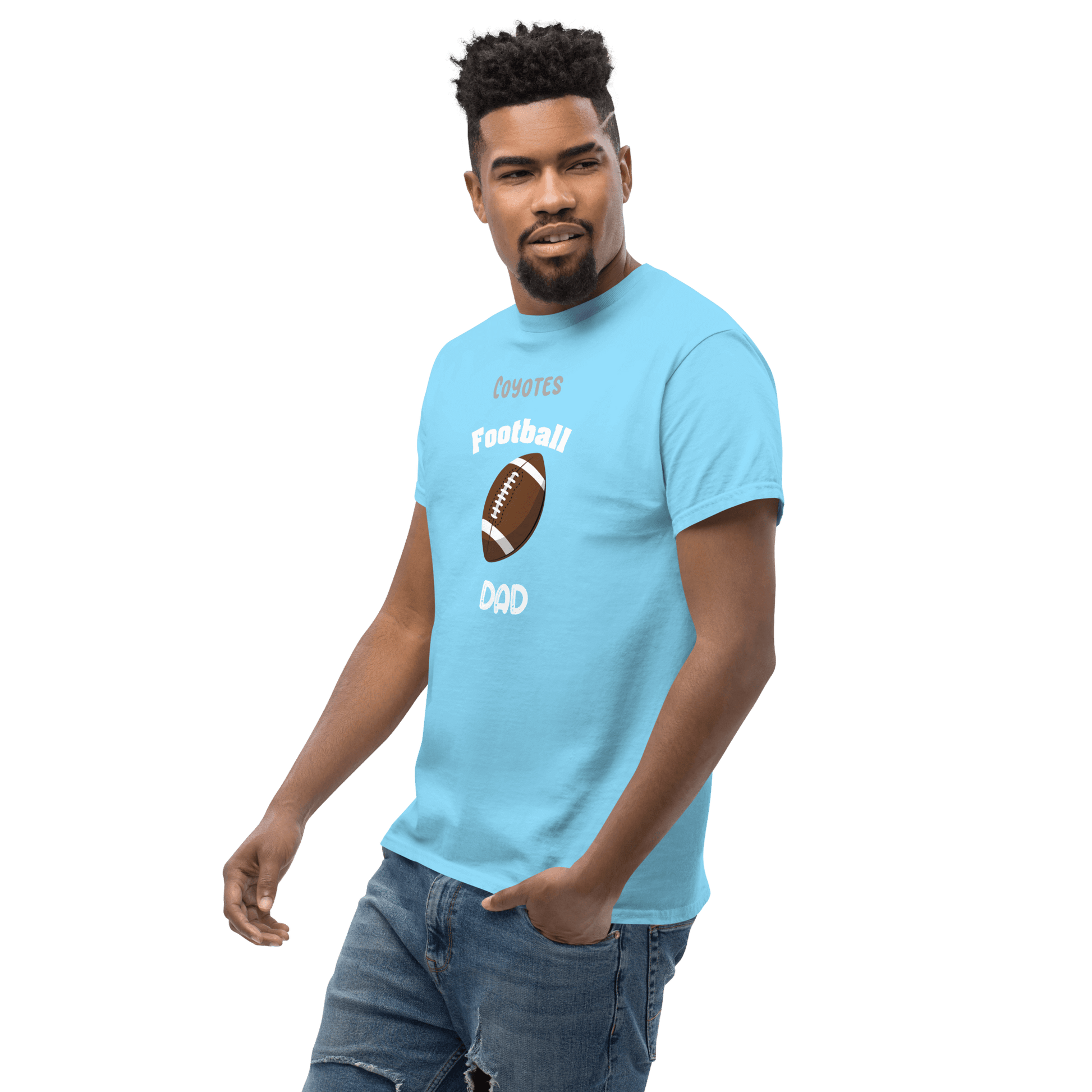 Personalized football dad tee in light blue for fans of youth football games.