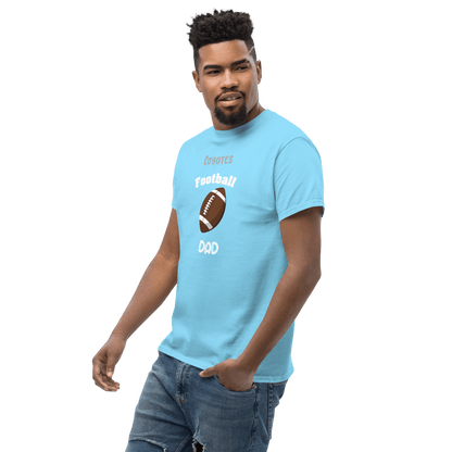 Personalized football dad tee in light blue for fans of youth football games.