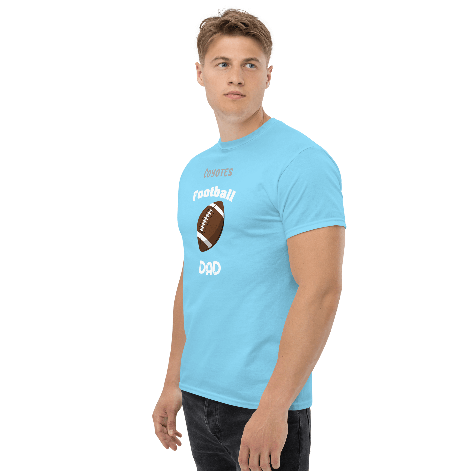 Personalized football supporter tee for dads, featuring a blue color and sporty design with football graphics.