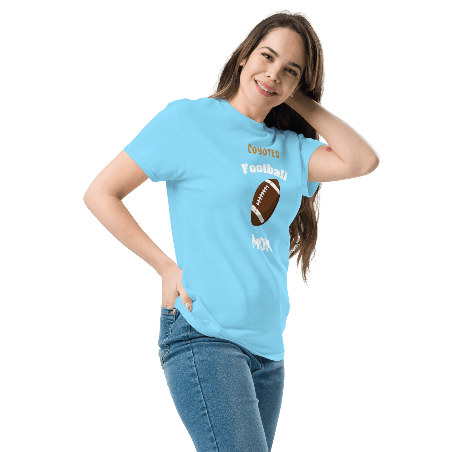 A smiling woman wearing a personalized light blue football mom tee with a football graphic, perfect for game day.