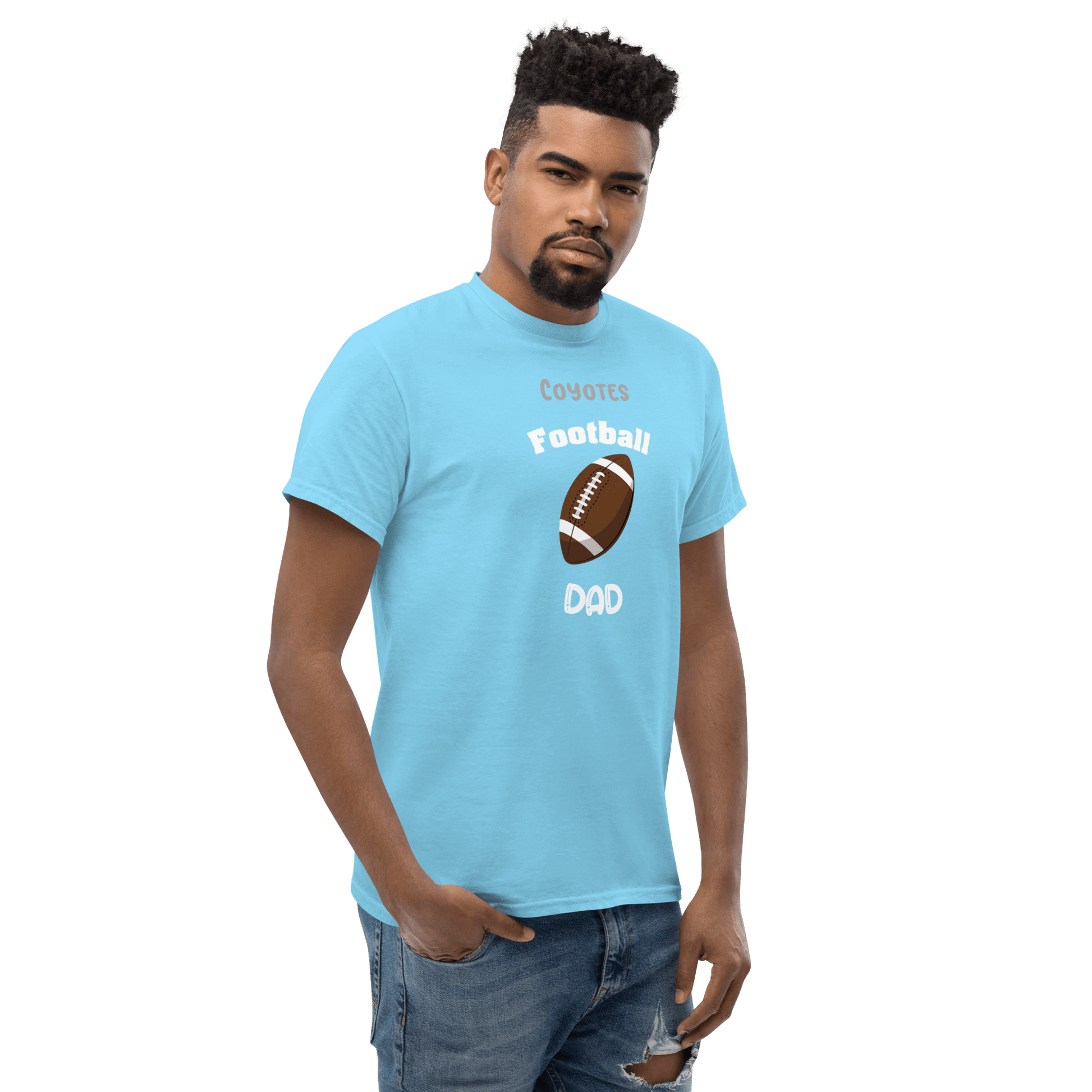 Personalized football dad tee in sky blue, perfect for proud supporters and game day enthusiasts.