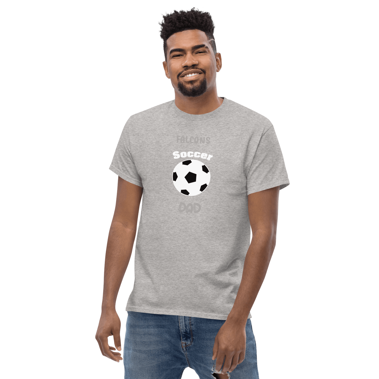 Gray soccer dad tee featuring a soccer ball and 'Falcons Soccer Dad' text for fans of youth teams.