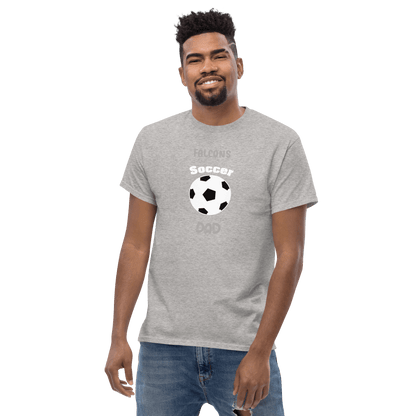 Gray soccer dad tee featuring a soccer ball and 'Falcons Soccer Dad' text for fans of youth teams.