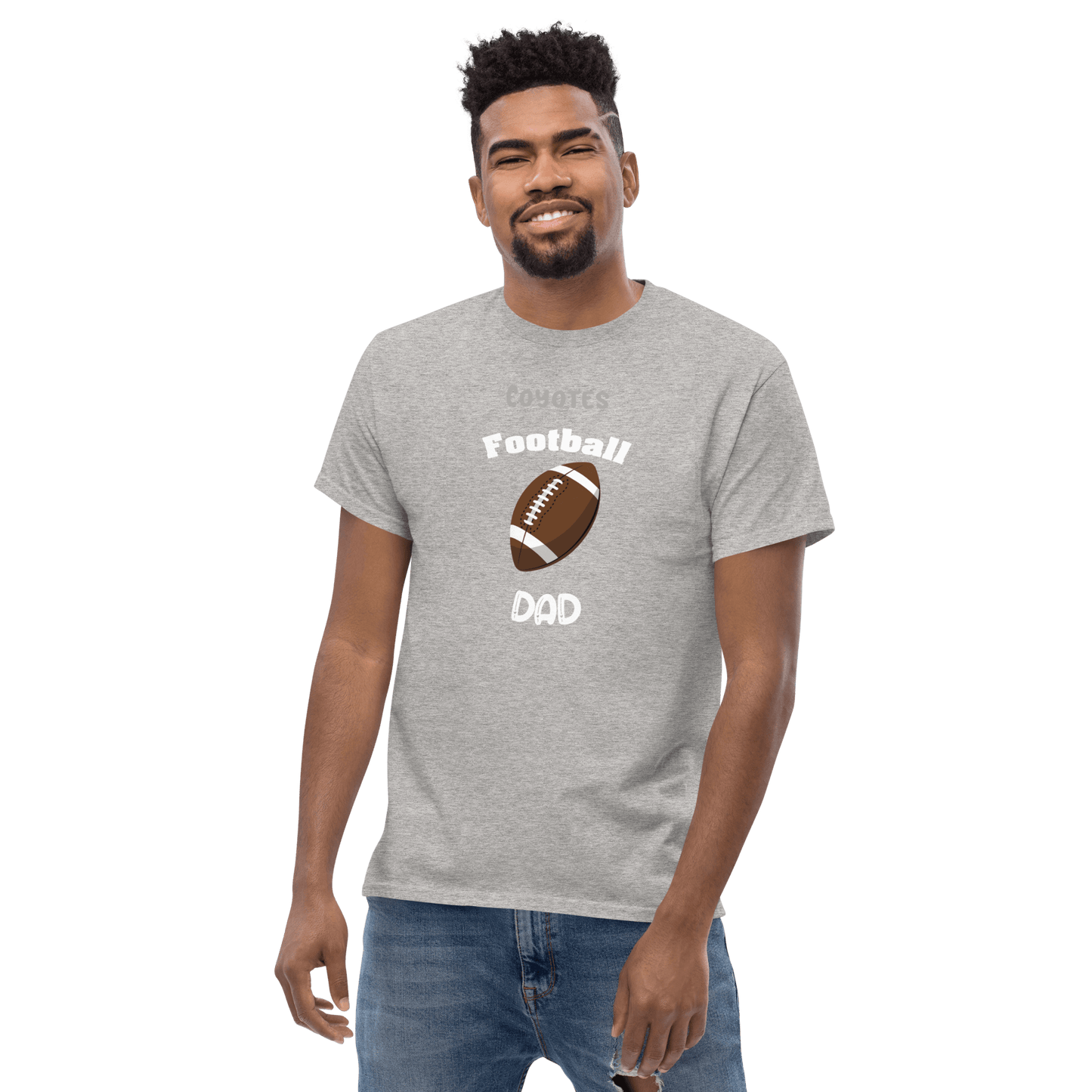 Personalized Football Dad Tee, grey shirt with football graphic, perfect for proud supporters at games.