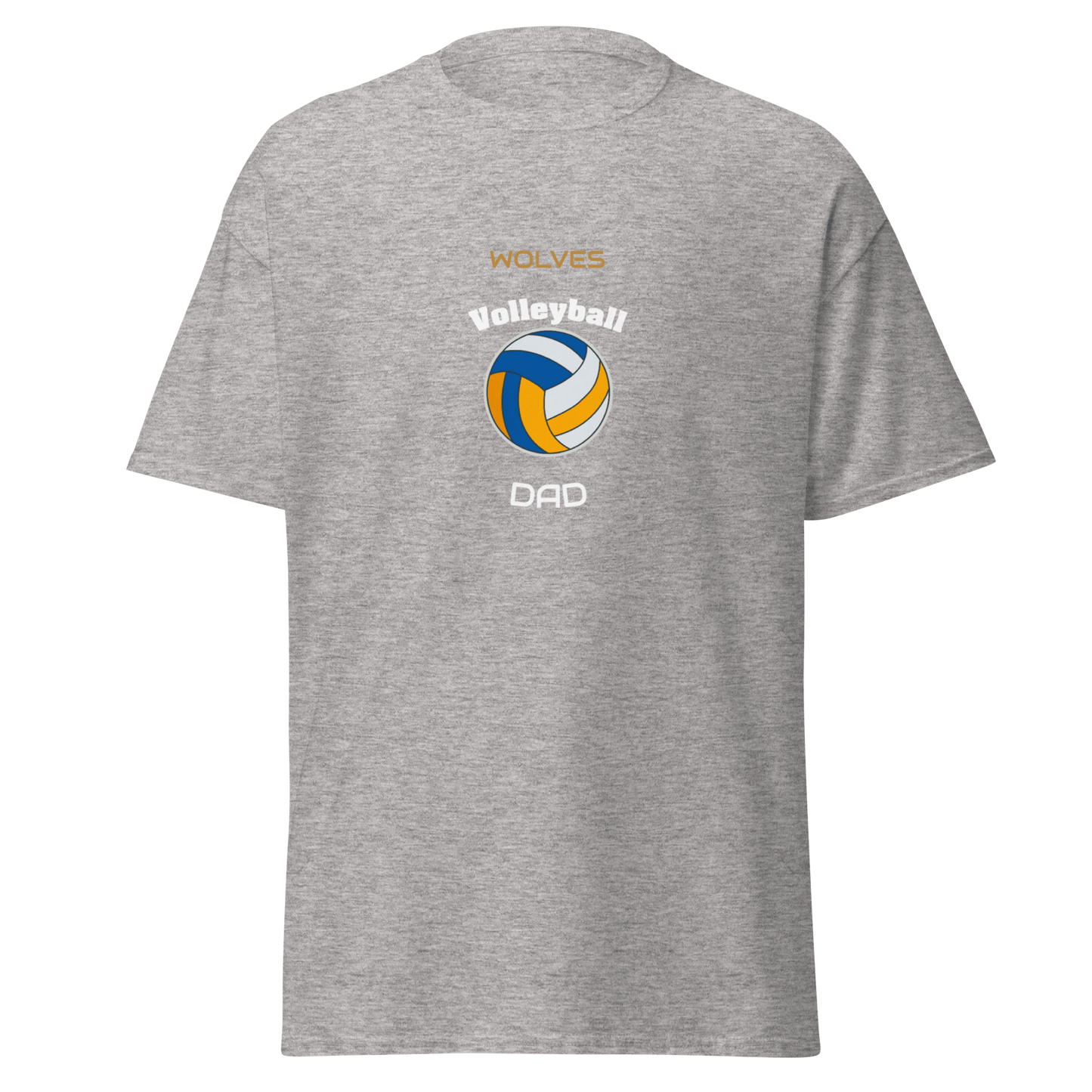 Gray custom volleyball dad tee featuring Wolfe design and volleyball graphic for game day support.