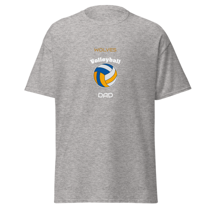 Gray custom volleyball dad tee featuring Wolfe design and volleyball graphic for game day support.