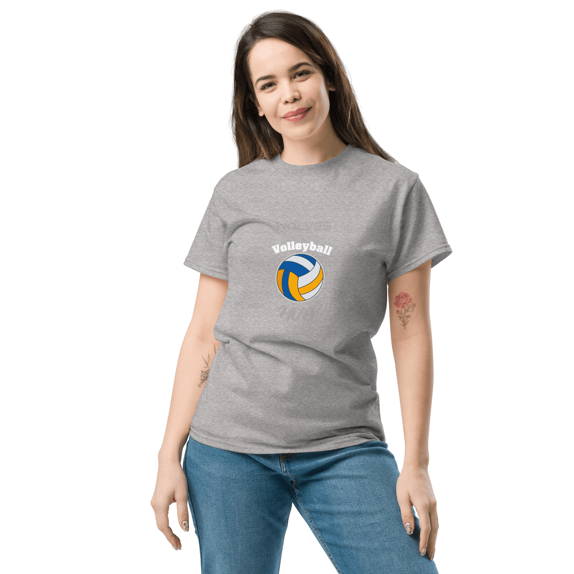 Woman wearing a gray custom volleyball tee, showcasing sporty style and team spirit for game day support.