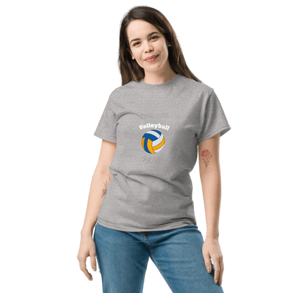 Woman wearing a gray custom volleyball tee, showcasing sporty style and team spirit for game day support.