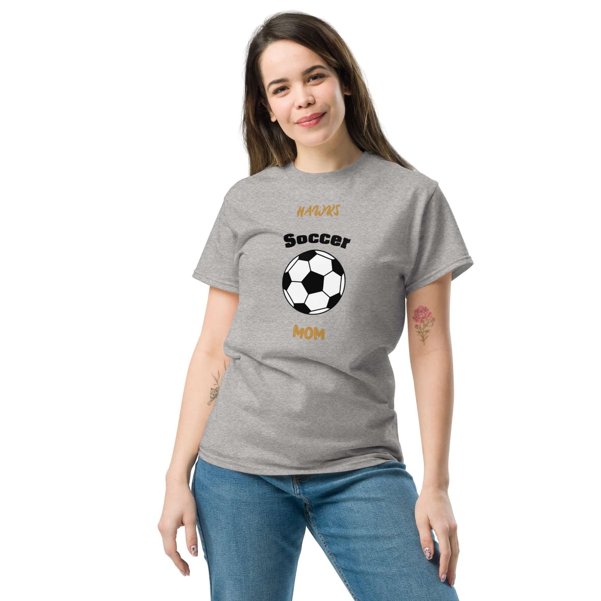 Custom gray soccer mom tee featuring a soccer ball design, perfect for youth sports supporters.