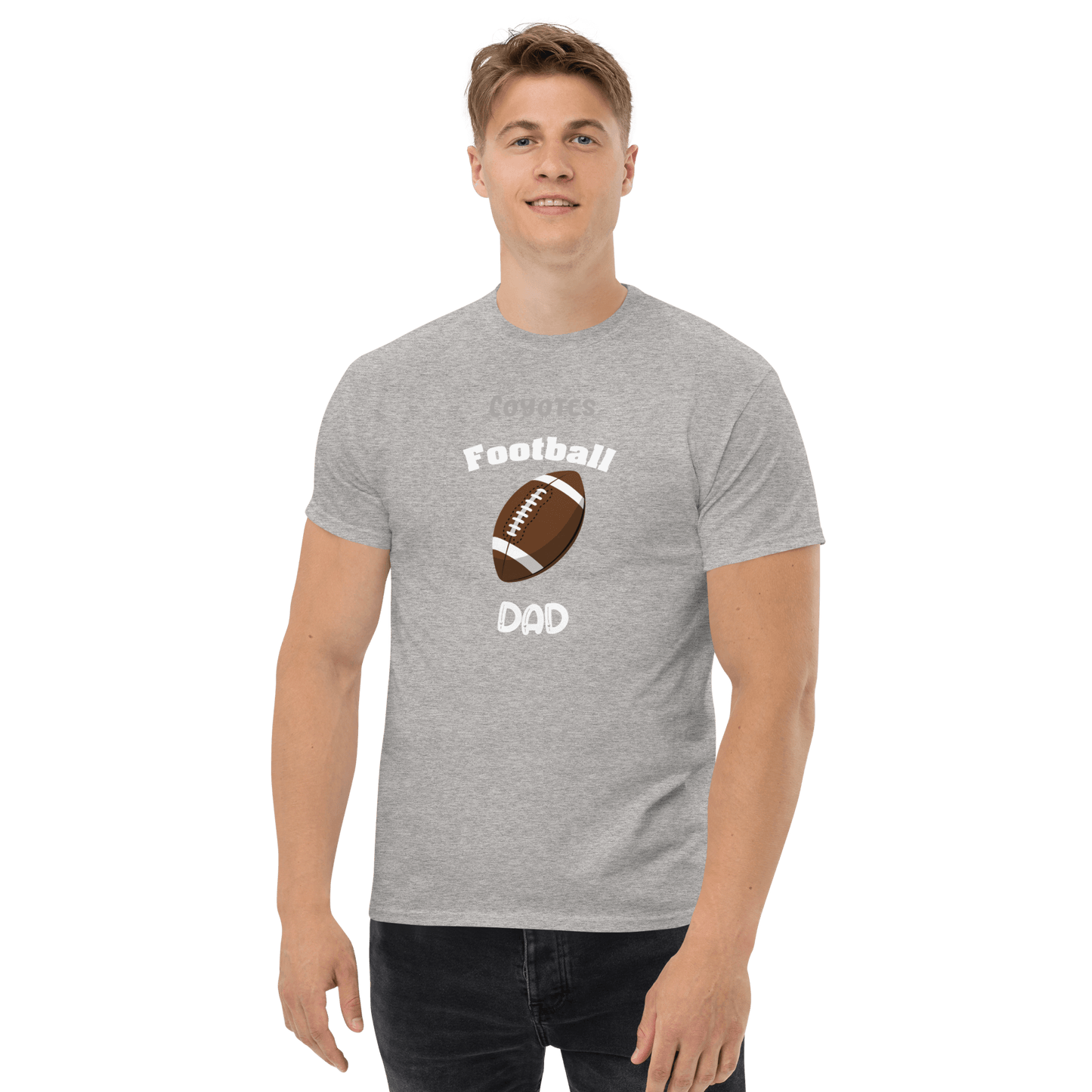 Gray personalized football dad tee, perfect for proud supporters of youth leagues and varsity teams.