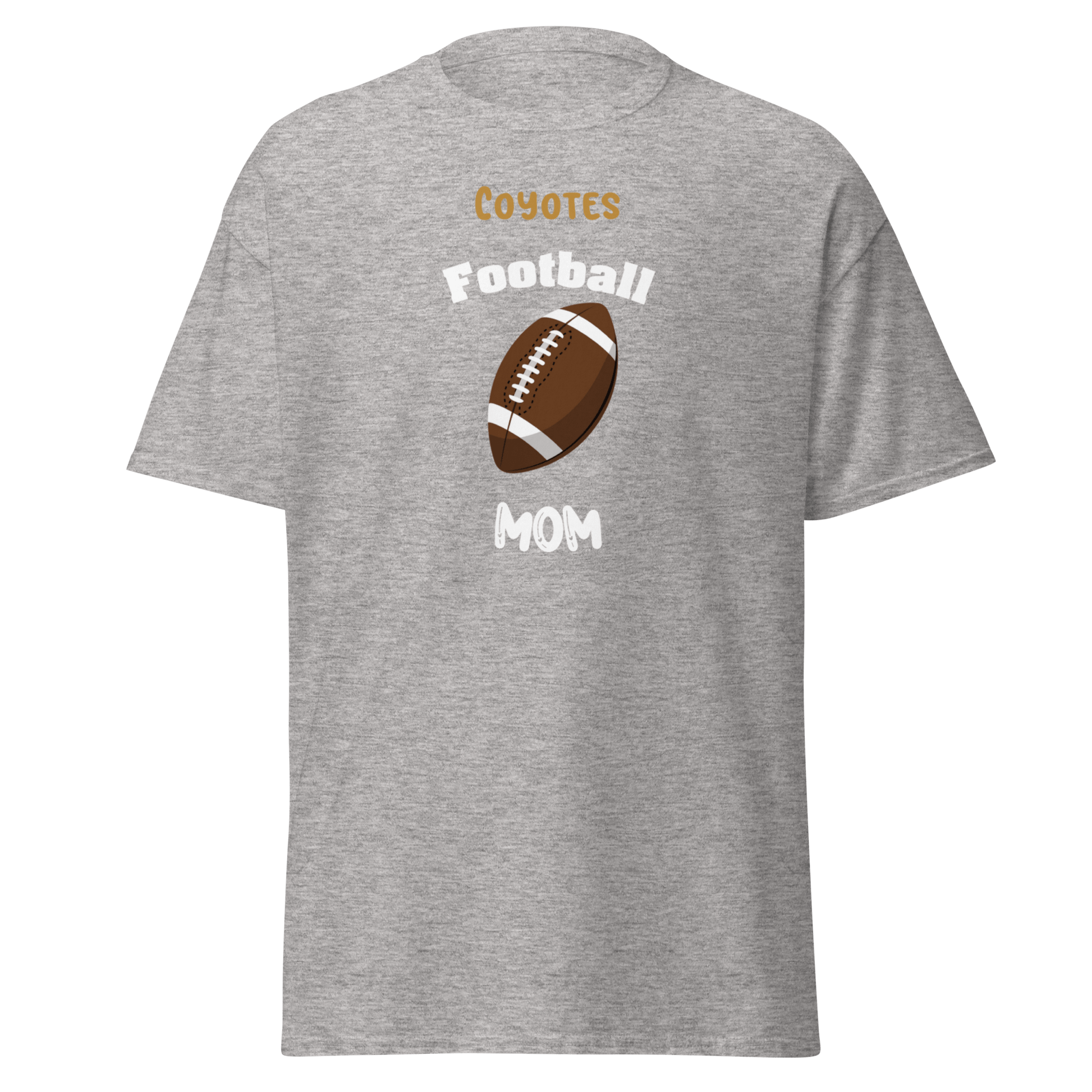 Personalized gray football mom tee featuring Coyotes logo, ideal for proud supporters of youth football.