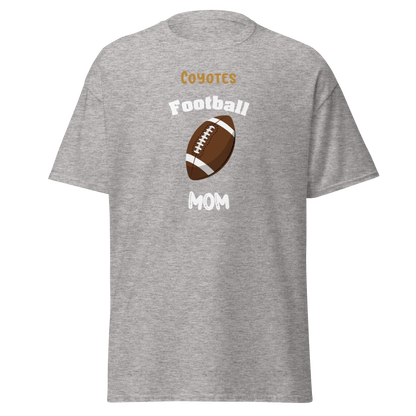 Personalized gray football mom tee featuring Coyotes logo, ideal for proud supporters of youth football.