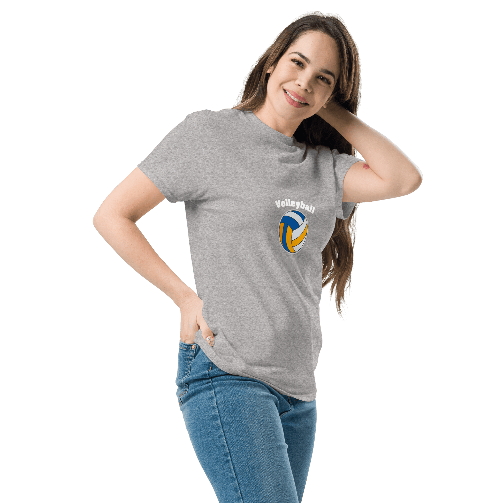 Woman wearing a gray volleyball parent tee, showcasing team spirit and comfort for game day support.