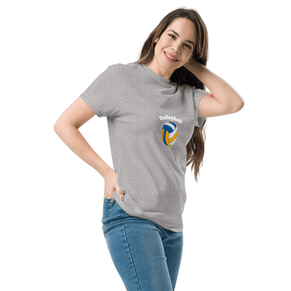 Woman wearing a gray volleyball parent tee, showcasing team spirit and comfort for game day support.