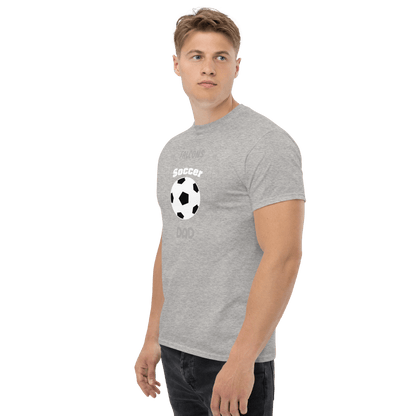 Gray Soccer Parent Tee worn by a male model, perfect for supporting youth soccer teams with style and comfort.