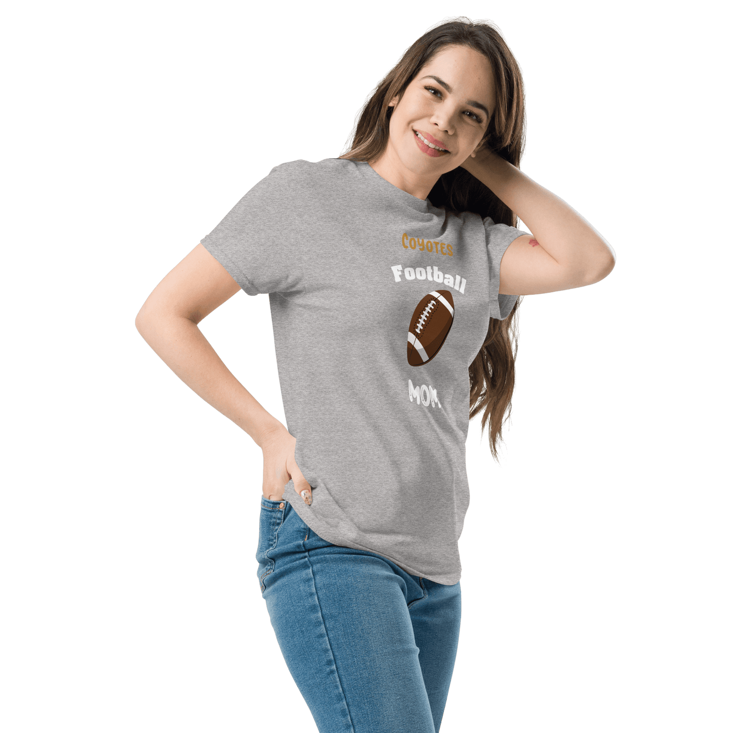 Personalized football supporter tee for moms, featuring a football graphic and Coyote design, perfect for game day.