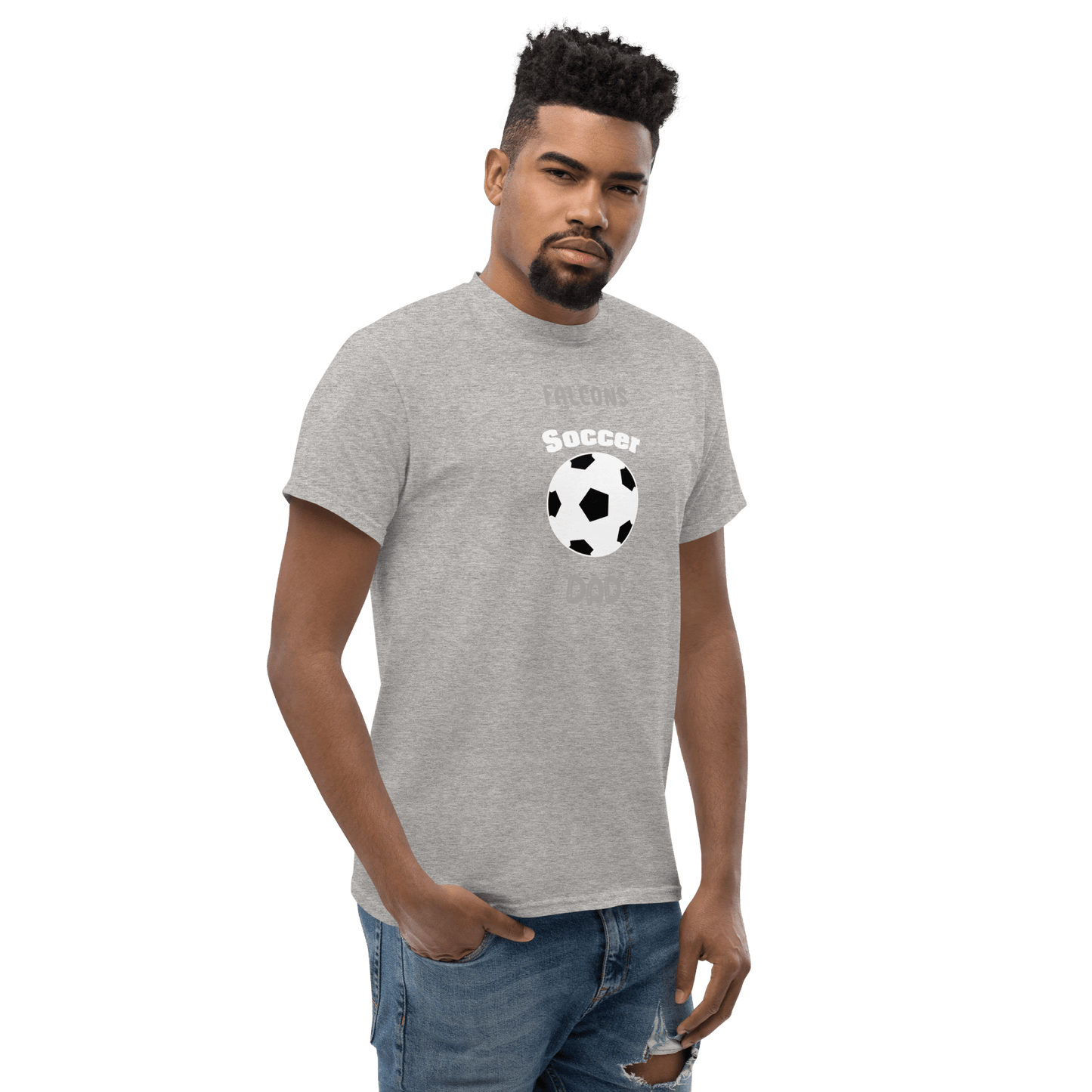 Gray soccer parent tee featuring soccer ball design, perfect for youth and school team supporters.
