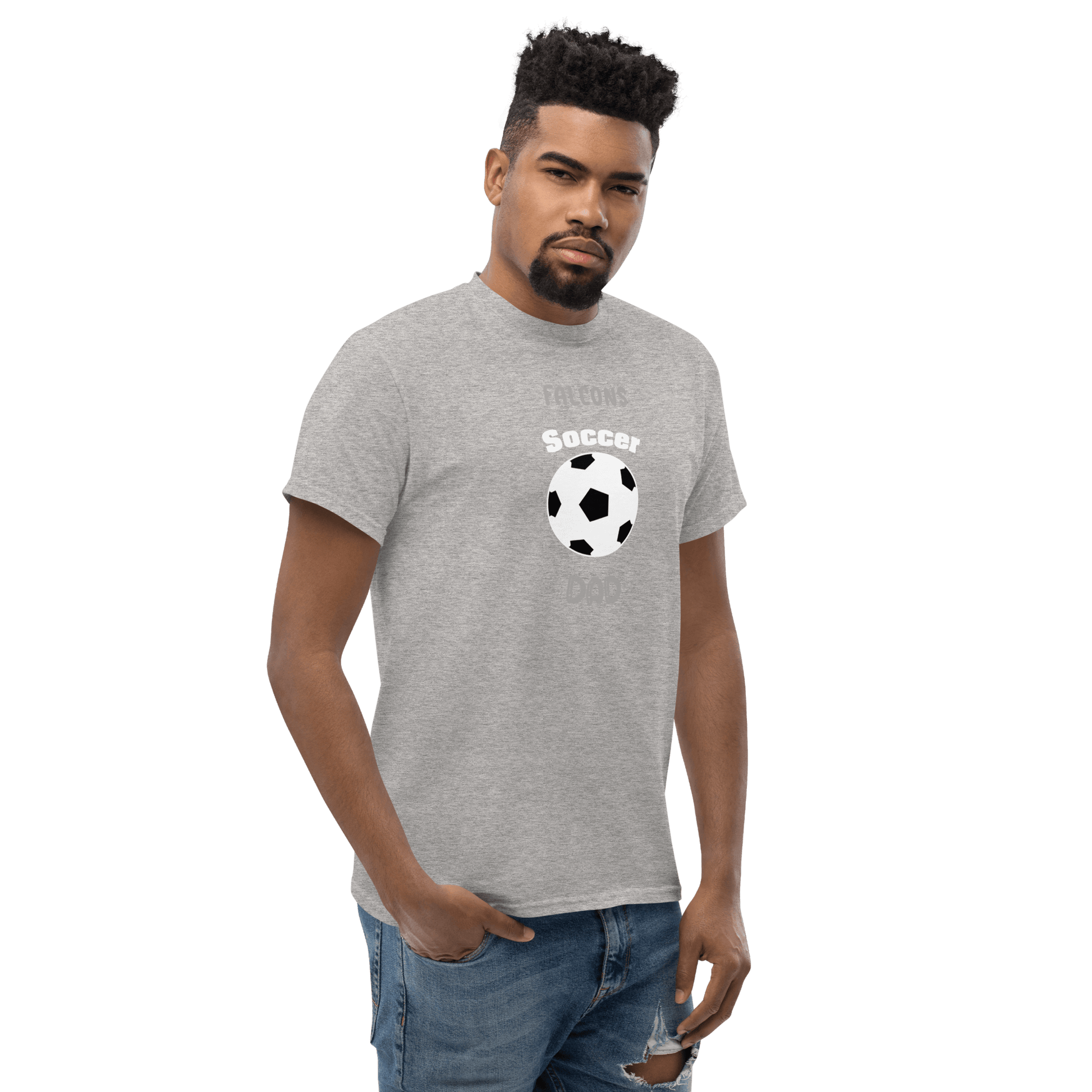 Gray soccer parent tee featuring soccer ball design, perfect for youth and school team supporters.