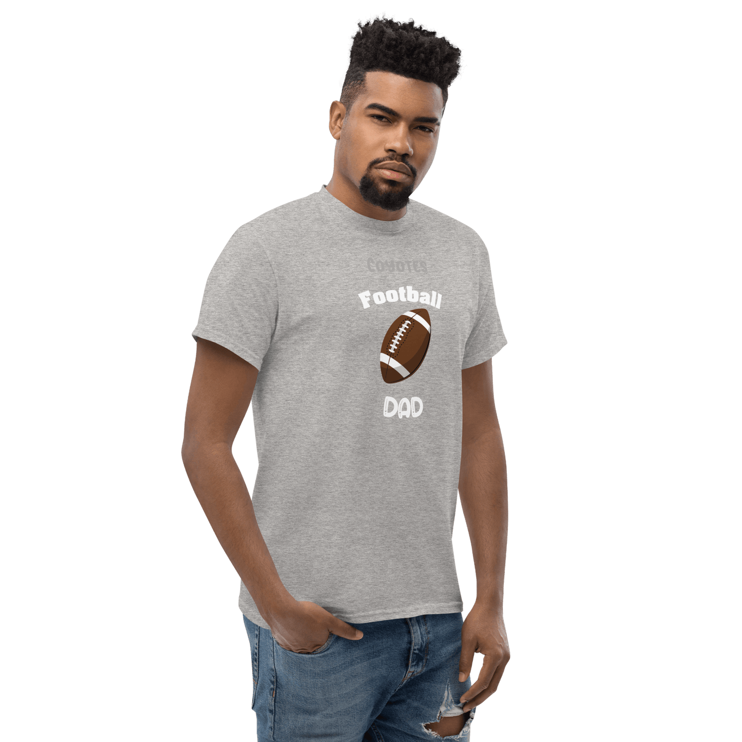 Gray personalized football dad tee featuring a brown football graphic, perfect for game day and proud supporters.